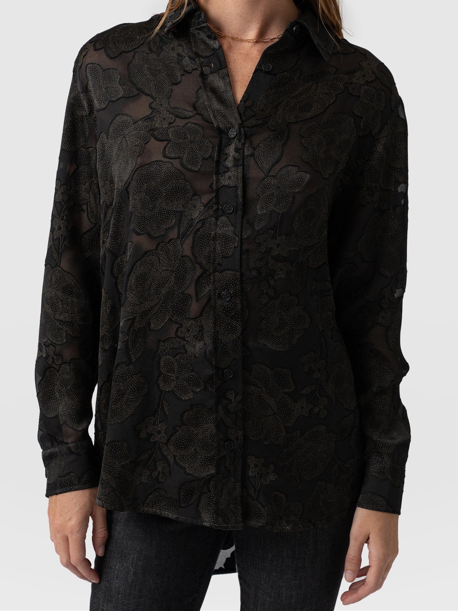 Boyfriend Shirt Black & Gold Floral Burnout - Women's Shirts | Saint + Sofia® USA